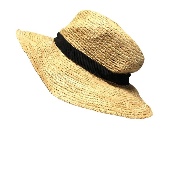 J Crew Wide-Brim Packable Straw Hat Beige Black Band Raffia M/L FLAW - Picture 3 of 8